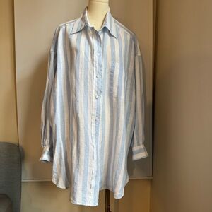 H&M Women’s Linen Shirt White Blue Striped Size XL